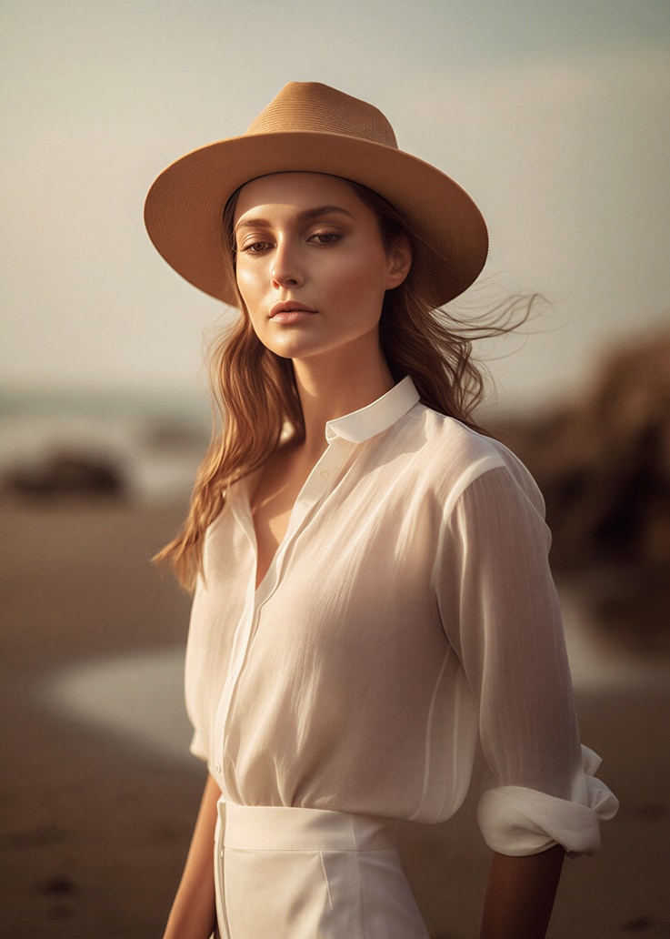 Mujer de pelo largo con sombrero beige y blusa blanca, al aire libre durante el atardecer.