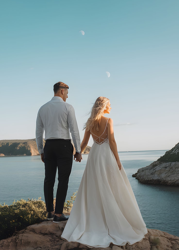 Novia de vestido blanco y novio tomados de la mano sobre un acantilado frente al mar al atardecer.