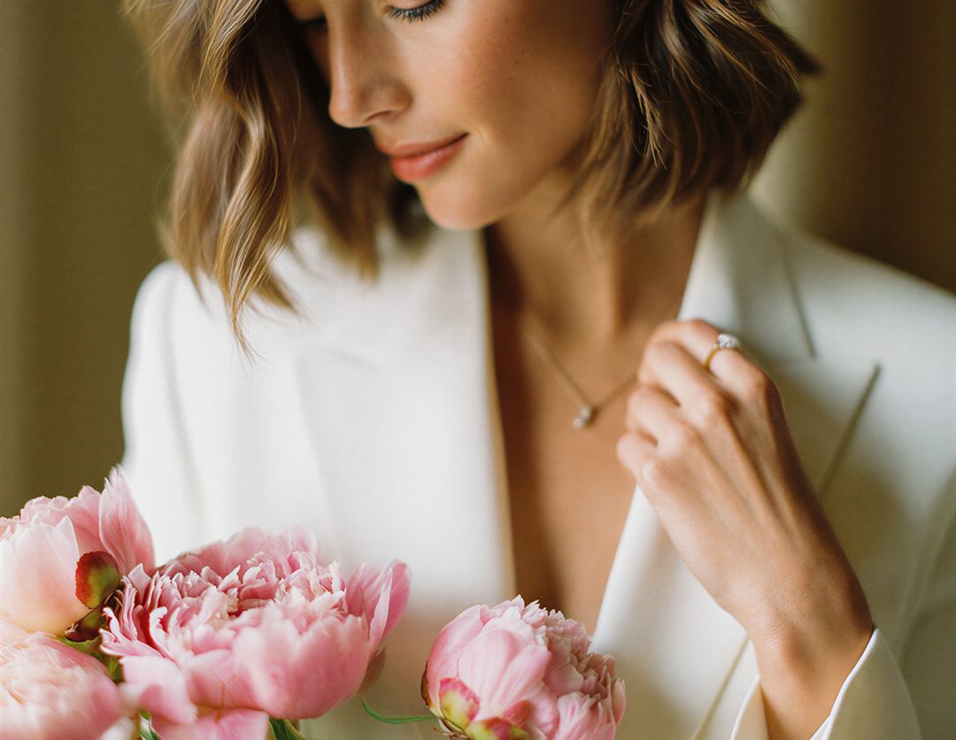 Novia de blazer blanco mirando hacia abajo, con peonias rosadas en primer plano.