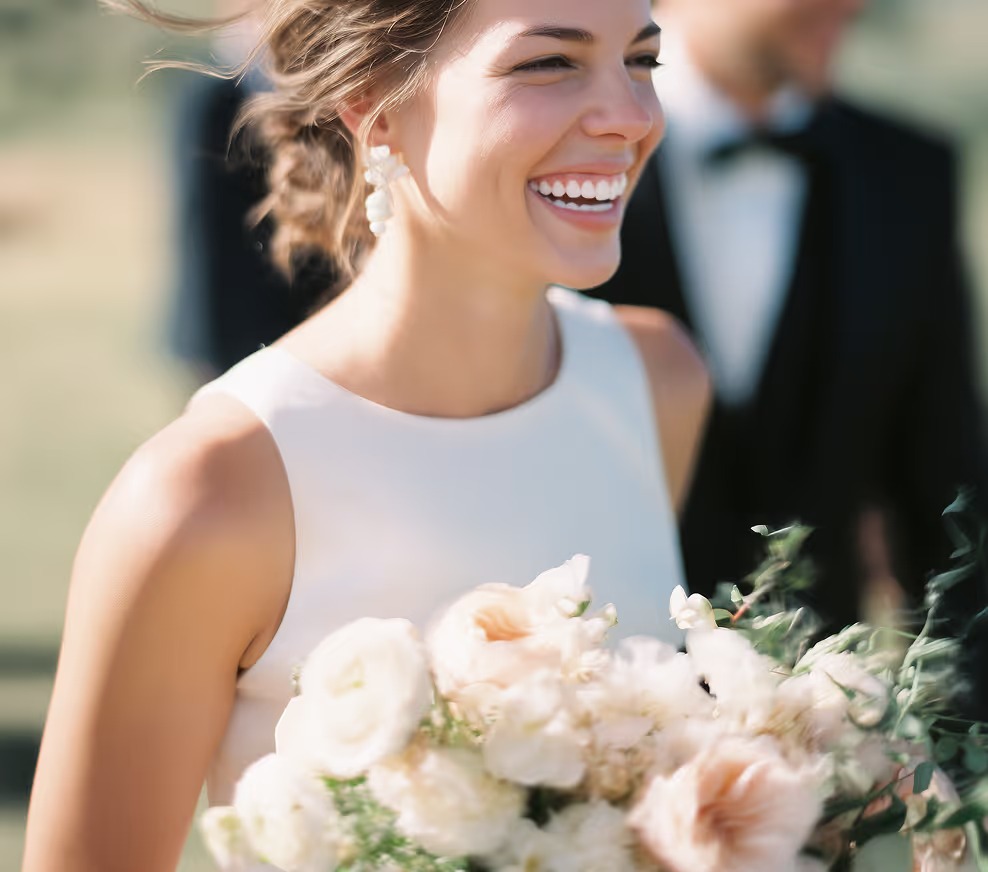 Novia riendo con un ramo de rosas blancas y el novio de esmoquin desenfocado detras.