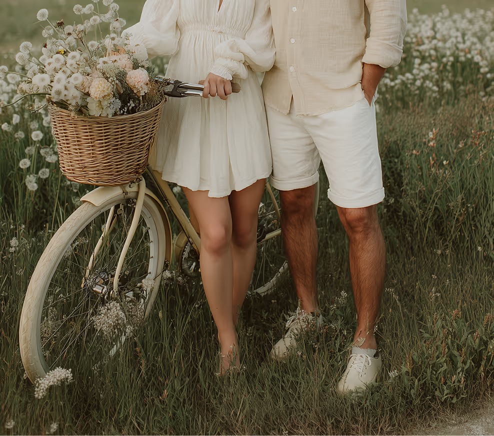 Pareja vestida de blanco junto a una bicicleta con un canasto de flores, en un prado de flores silvestres.