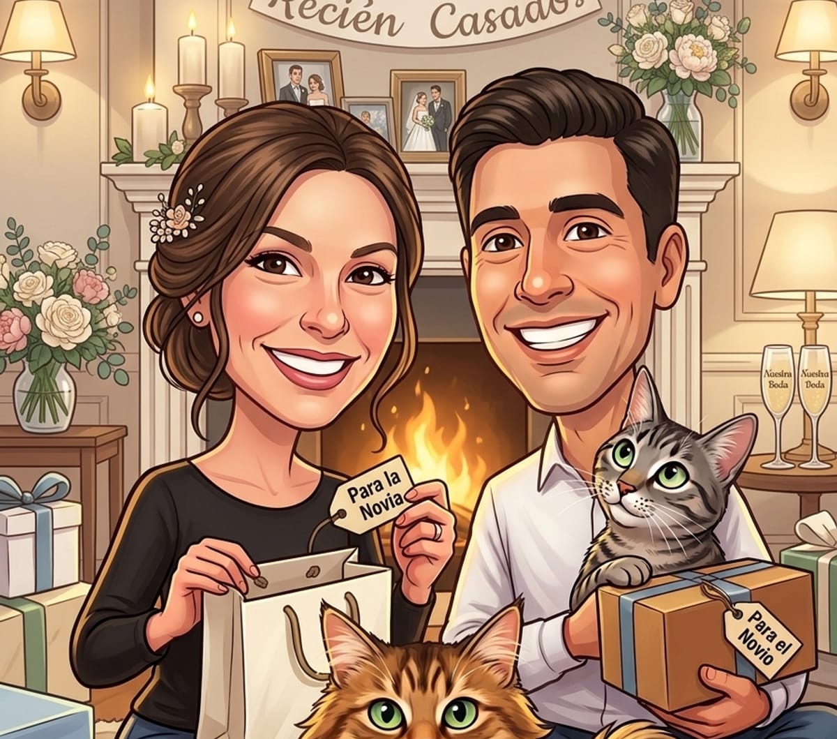 Ilustracion de Stefy y Joaco con gorros de pascuero, regalos y los gatos junto al arbol