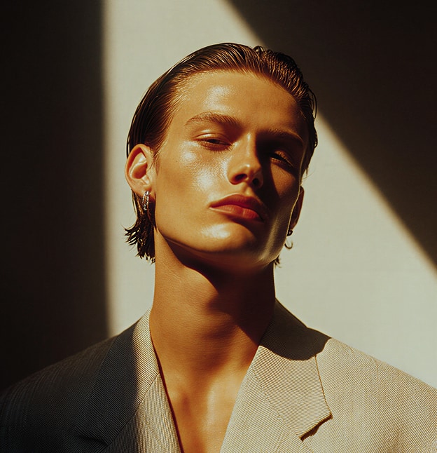 Retrato en primer plano de una persona de pelo peinado hacia atras, con blazer beige texturado, iluminada por luz calida en diagonal.