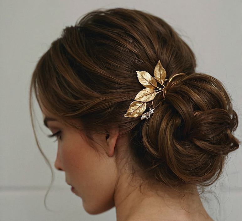 Side view of a woman with brown hair styled in a low bun adorned with a gold leaf hair accessory.